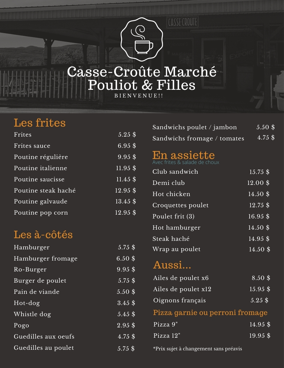 Menu Casse croûte Marché Pouliot 2024