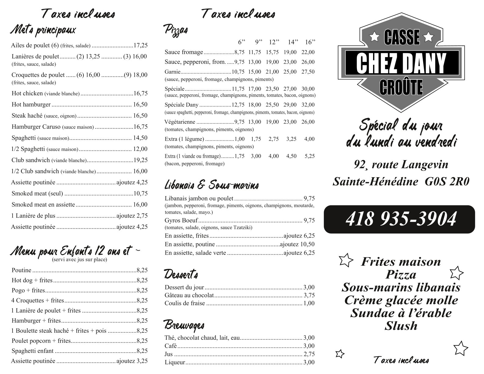 Casse croute chez Dany Menu 2024 1