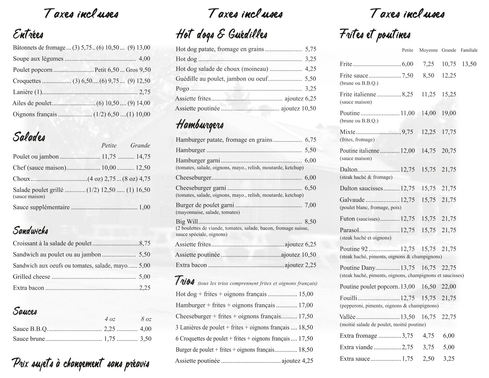 Casse croute chez Dany Menu 2024 2